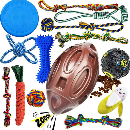 Puppy Teething Chew Toy Bundle - 14 Pack of Durable Chew Toys, Tug of War Toys, Squeaky Balls, and IQ Treat Balls for Small Dogs
